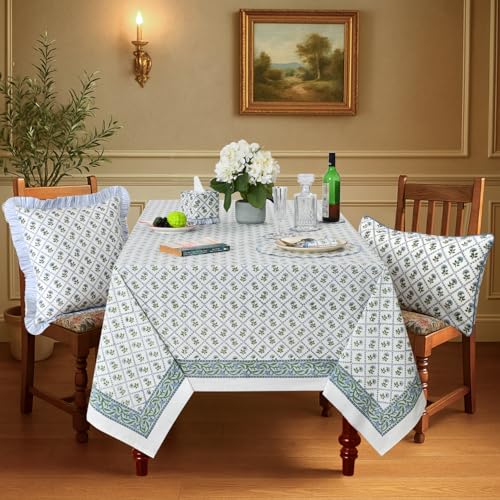Ridhi Hand Block Print Cotton Tablecloth - Lattice Bloom Rectangular 108x60 Inch