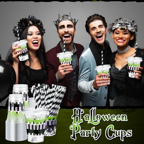 Halloween Cups with Lids & Straws - Horror / Black - 50 Pack, 12 oz