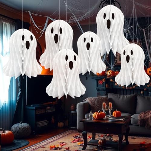 Halloween Ghost Honeycomb Decorations Set - 10 White Paper Spooky Hanging Ornaments