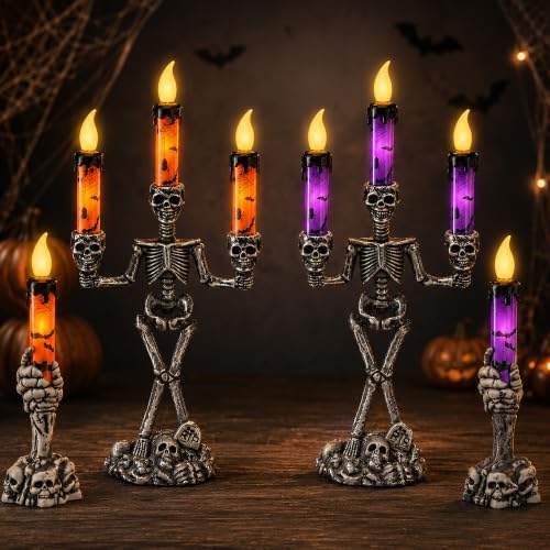 Halloween Skeleton Candelabra LED Candle Holders Set - Skull Decor for Parties