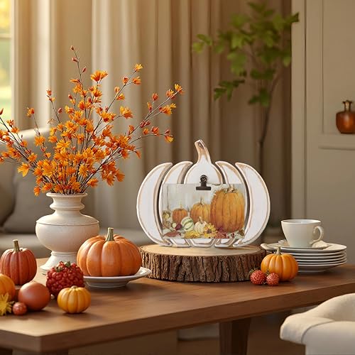 White Rustic Pumpkin Table Decor with Stand & Clip - 8x10 Inch - Fall & Holiday Decor