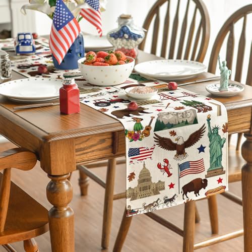 American Flag Map Eagle 13x48 Inch Table Runner - 4th of July Memorial Day Decor Beige