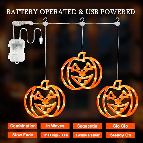 Orange Halloween Pumpkin Window Lights 3 Pack - 48 LED Dual Power USB & Battery Operated