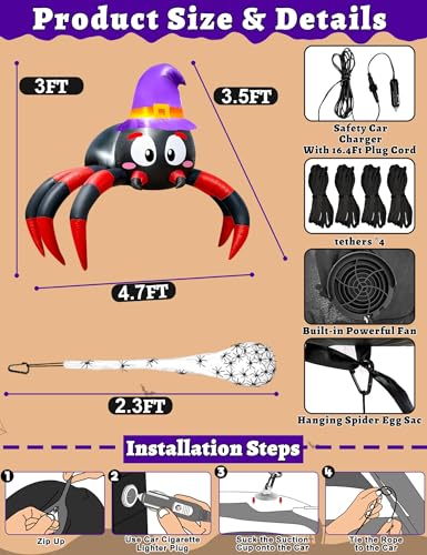 Halloween Inflatable Spider Car Decoration Kit with LEDs for SUV Truck Parade