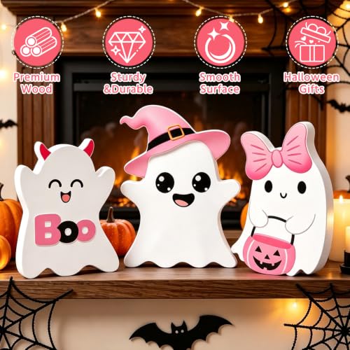 Pink Ghost Halloween Decor - 3 Pcs Wooden Table Centerpieces, Tiered Tray Signs