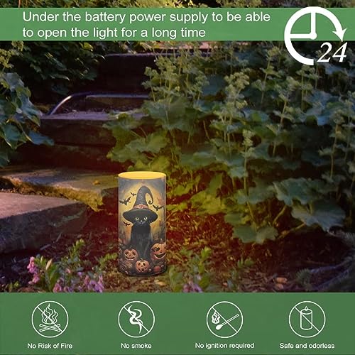 Flameless LED Pillar Candle with Remote & Color Change - Black Cat Witches Pumpkin