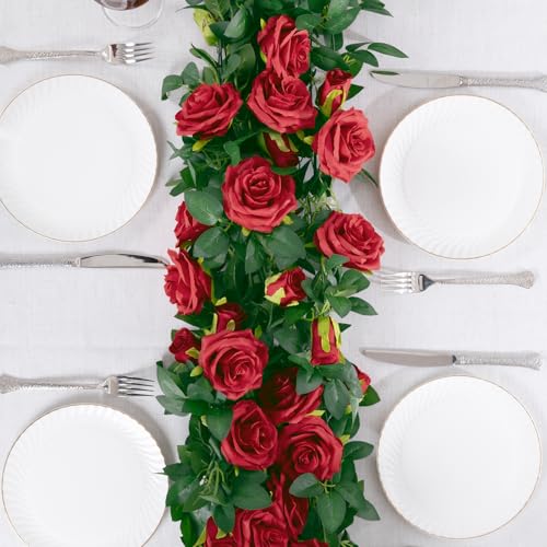 Artificial Red Rose Garlands Set of 5 - 32.5 ft, Realistic Flower Vines for Decor