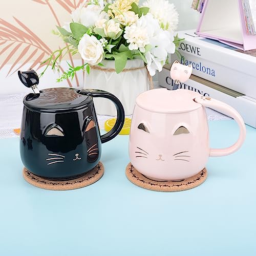 Black Ceramic Cat Mug with Stainless Steel Spoon - Cute Handmade Tea Cup for Girls Women