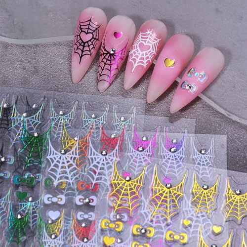 Halloween Spider Web Nail Stickers Set - 4 Sheets Self-Adhesive 3D Decals with Rhinestones - Spider Web Design for Nails - Variation 1