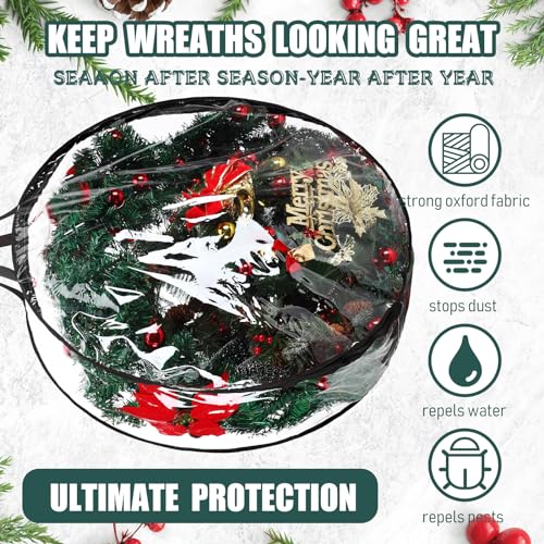 Wreath Storage Bags 30 Inch Durable Plastic with Dual Zippers & Handles - Clear & Black, Set of 14