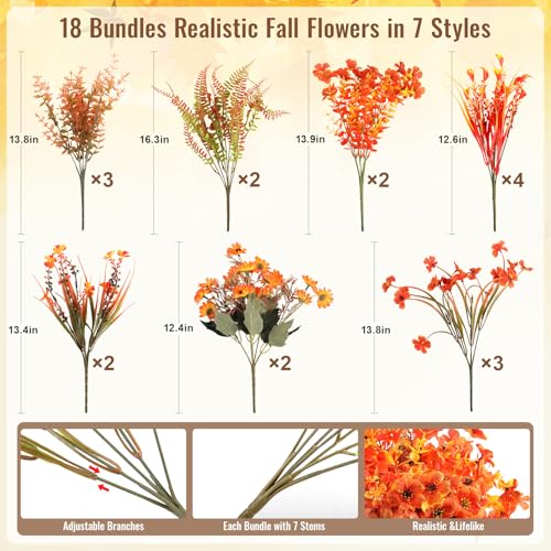 Fall Artificial Flower Bundles - UV Resistant Faux Mums Eucalyptus for Outdoor & Indoor Decor - Fall A