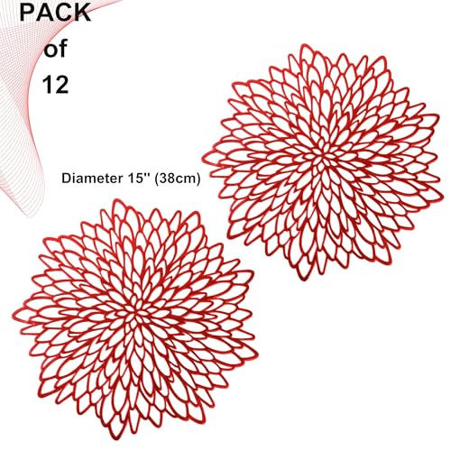 Snowkingdom Red Placemats 12 Pack - Metallic Round Floral Vinyl Table Decor