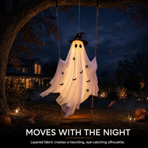 CRILARY White Halloween Swinging Ghost Outdoor Decor 5.9ft with Lights