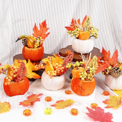 Artificial Velvet Pumpkins Set with Maple Leaves and Berries for Fall Thanksgiving Decor - 6 Pieces