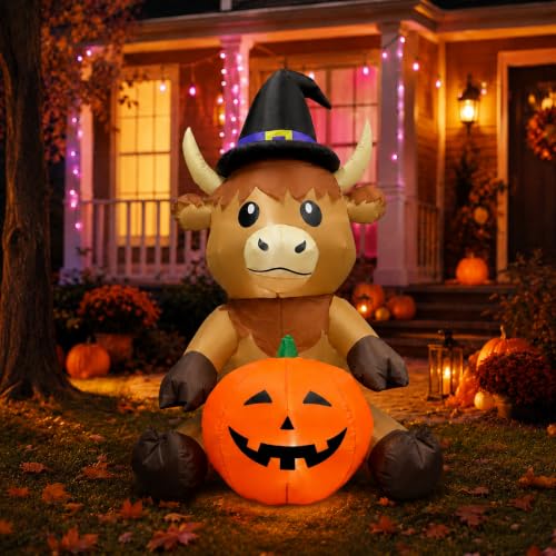 5FT Halloween Inflatable Highland Cow Holding Pumpkin - Outdoor Decorations, Cow Variant