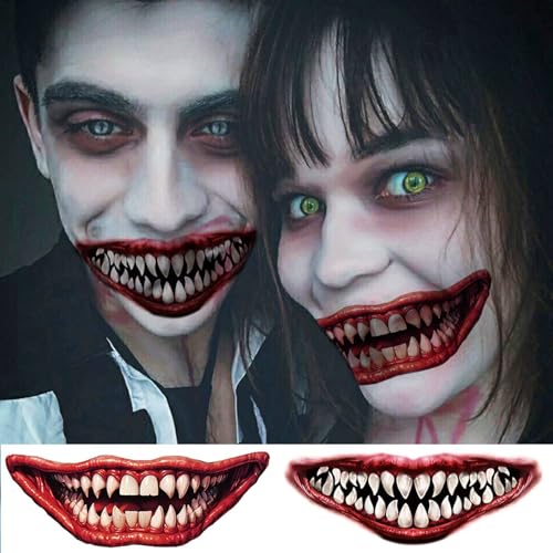 Halloween Spider Web & Red Mouth Temporary Tattoos Set - 7 Sheets, Realistic Zombie & Clown Designs, Variation: RedMouth