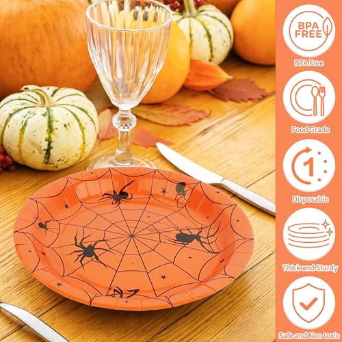 60 Pack Halloween 9-Inch Paper Plates with Spider Web Design, Disposable Party Tableware