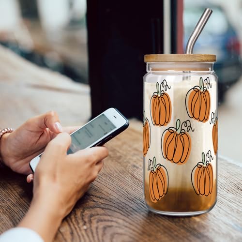 Fall Pumpkin Glass Cup 16oz with Lid & Straw - Halloween & Thanksgiving Gift, Pumpkin Variation