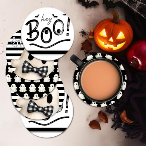 Halloween Drink Coasters Set of 6 Ceramic Stone with Cork Bottom & Holder