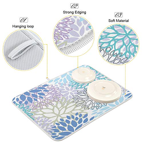 ALAZA 16 x 18 Inch Blue Grey Purple White Dahlia Dish Drying Mat Microfiber Kitchen Counter Protector
