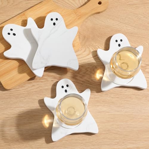 Halloween Ghost Marble Coasters Set - White, 4 Pieces, 4.7 x 3.9 Inches