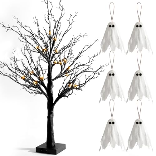 Halloween Lighted Black Tree with Ghost Ornaments - Indoor Decor