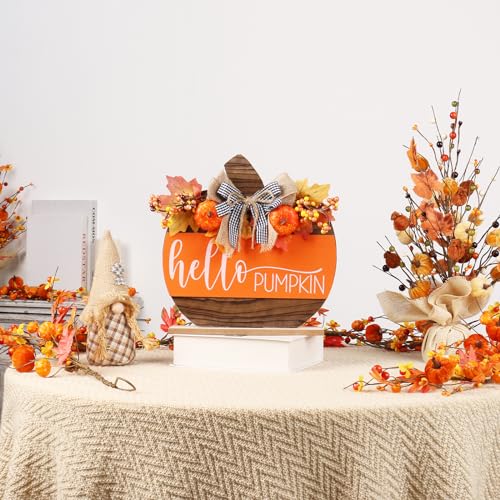 Fall Wooden Hello Pumpkin Sign - Autumn Decor, Tabletop Halloween & Thanksgiving