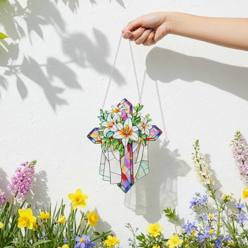 Stained Glass Cross Suncatcher with Floral Design - Religious Wall Decor Gift