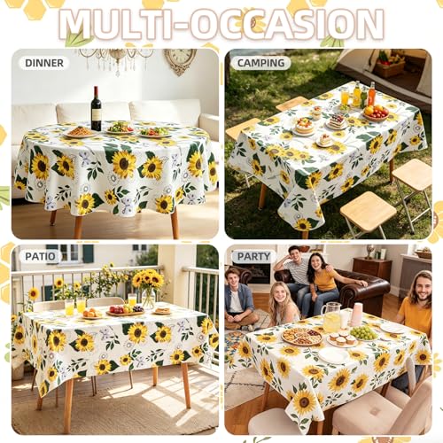 Sunflower Vinyl Tablecloth with Flannel Backing - Waterproof 70x52 Inch Rectangular Table Cover for Indoor Outdoor Dining & Events