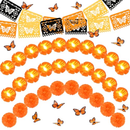 Day of the Dead Decorations Set with LED Marigolds & Butterflies - Fiesta Party Supplies