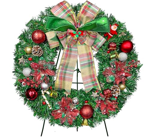 Christmas Cemetery Wreath with Stand - Poinsettias, Bow, All-Weather Decor