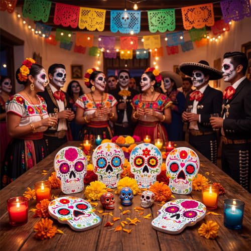 6 Pcs Day of The Dead Sugar Skull Table Decorations - Wooden, Modern, Vibrant