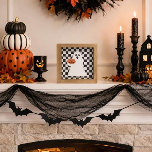 Black White Checkered Halloween Sign - 3D Ghost Pumpkin Home Decor - Variation: Black and White Checkered