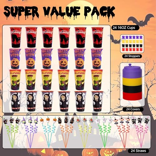 24 Halloween Party Favors Cups with Lids & Straws Bulk - Kids' Festive Drinkware - Variation of THIS listing 24
