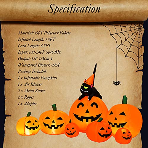7.5Ft Halloween Inflatable Pumpkin with Witch, Black Cat & LED Lights - Outdoor Yard Decoration