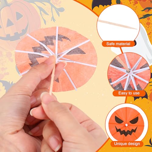 120 Pcs Summer Halloween Cocktail Umbrellas Drink Picks Pumpkin Design