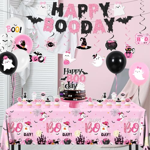 Pink Halloween Birthday Decorations Set - Ghost Party Supplies for 24 Guests