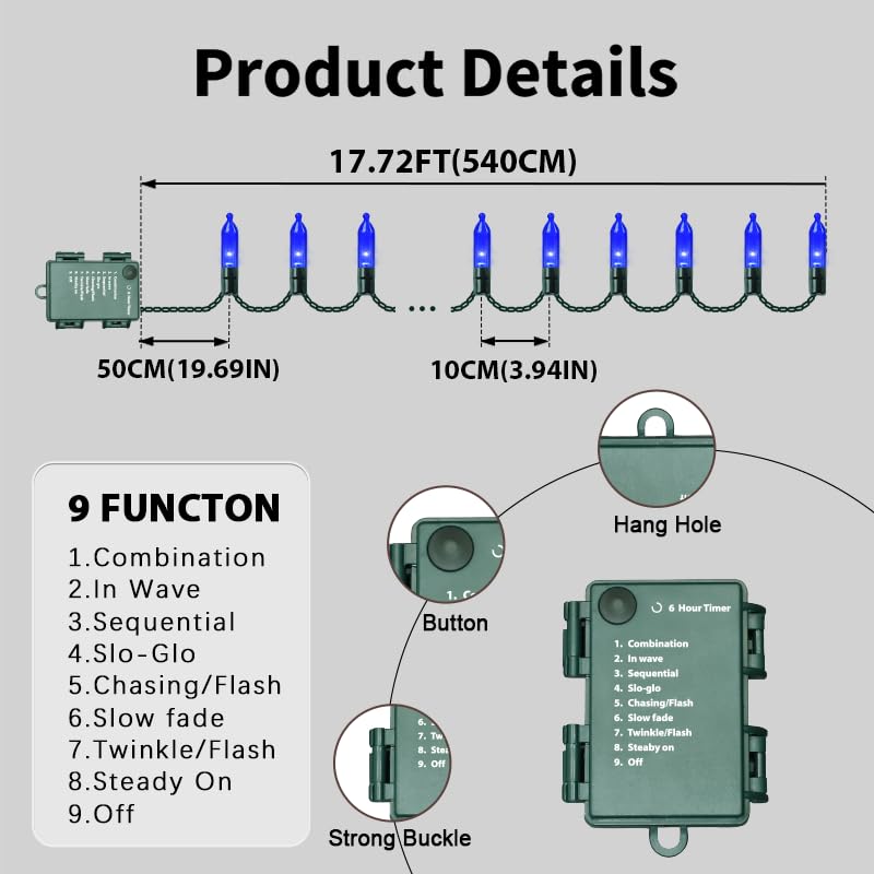 Blue Christmas String Lights - 50 LED Outdoor Mini Lights with 8 Modes & Timer - Waterproof Battery Operated, 16ft