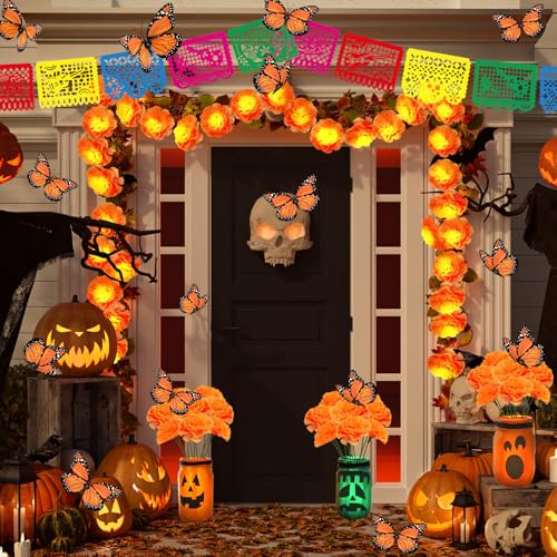 Day of The Dead Decorations Bundle - Mexican Banners, Marigold Garland & Butterflies
