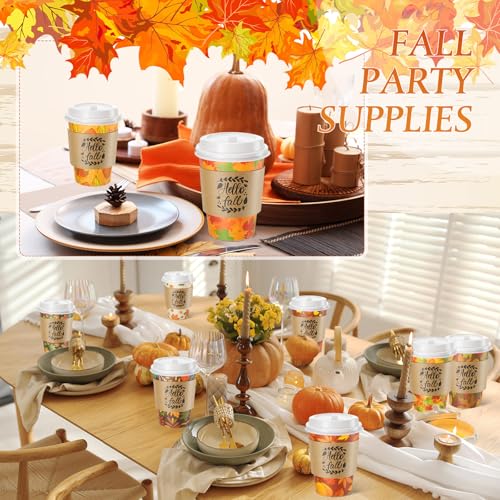 Fall Disposable Coffee Cups with Lids & Sleeves - 12oz, 10 Styles, 120 Pack
