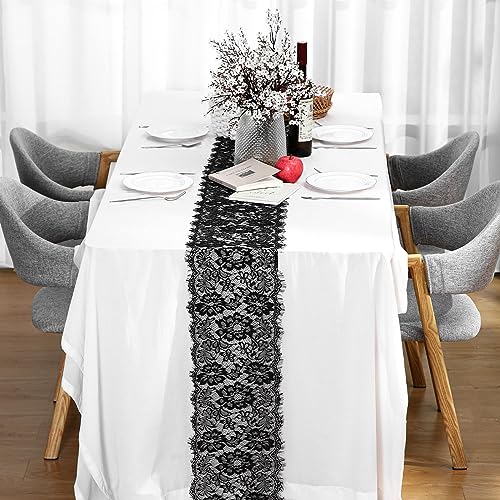 Preboun 12 Pcs Black Lace Table Runners Floral Embroidered 12x120 Inches