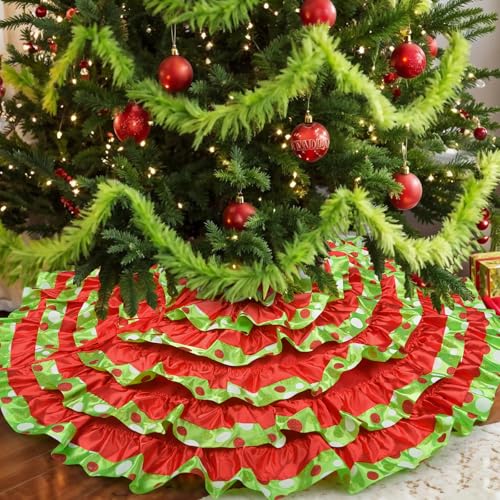 Green and Red Christmas Tree Skirt 48 Inch Ruffle Polka Dots for 6-7.5 FT Trees - Holiday Decor