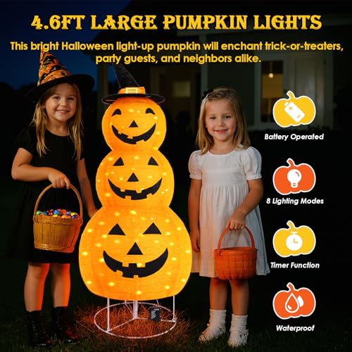 5Ft Collapsible Halloween Pumpkin Decorations with 100 LED & 8 Modes - Battery Operated, Indoor Outdoor Yard Party Fall