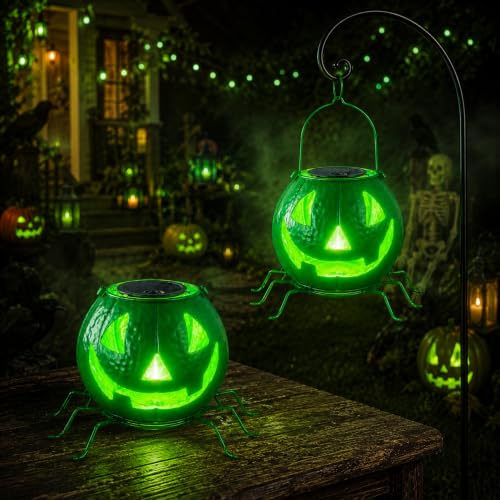 Solar Pumpkin Decor Light - Green Flickering Jack O Lantern with Spider Legs - D-Green Pumpkin Variation