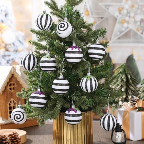 Halloween Christmas Black & White Ball Ornaments Set - Stripe Variation, 12 pcs