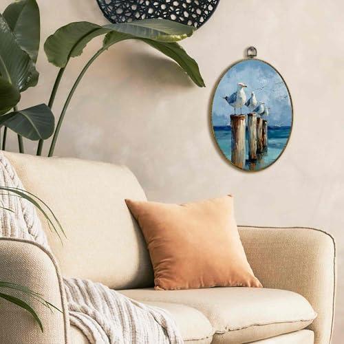 Seagull Coastal Wall Art Decor - Oval Canvas Frame, 11x8.5 Inch - Beach House Art