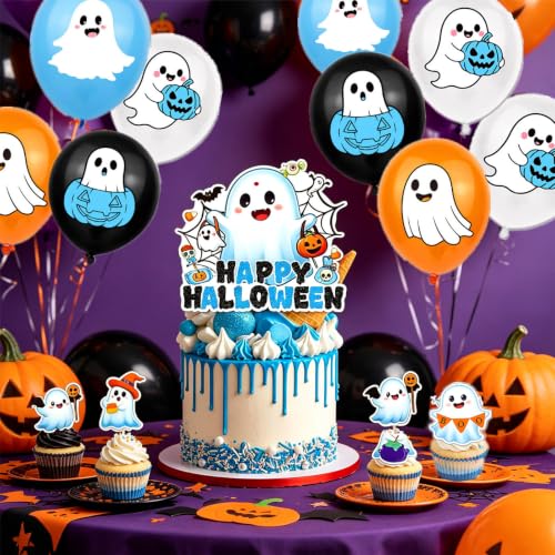Halloween Ghost Party Decorations Set | 51-Piece Ghosts, Banner, Balloons & Cake Toppers