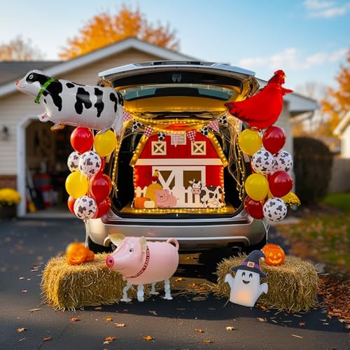 Farm Theme Trunk or Treat Balloon Decoration Set with String Lights - Red, Yellow, Black, White