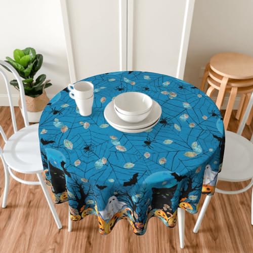 Halloween Round Tablecloth - Blue Spooky Ghost Pumpkins & Bats, 60 Inch, Non-Slip Wipeable Fabric - Variation: Blue / One Size