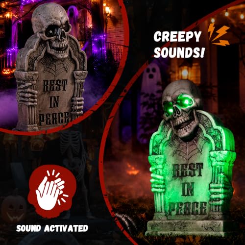 Halloween Animatronic Tombstone with Skull & Pillars - Green Light & Creepy Sound Effects - RIP Cemetery Prop - Variation: Tombstone Green